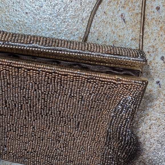 Elegant Gold Beaded Brown Clutch With Removable Shoulder Straps - Picture 3 of 7